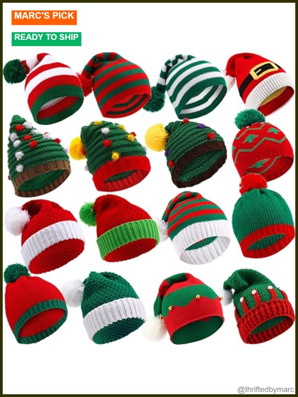 Knitted Christmas Pompom Beanie Hats 16 Pc Adult Winter